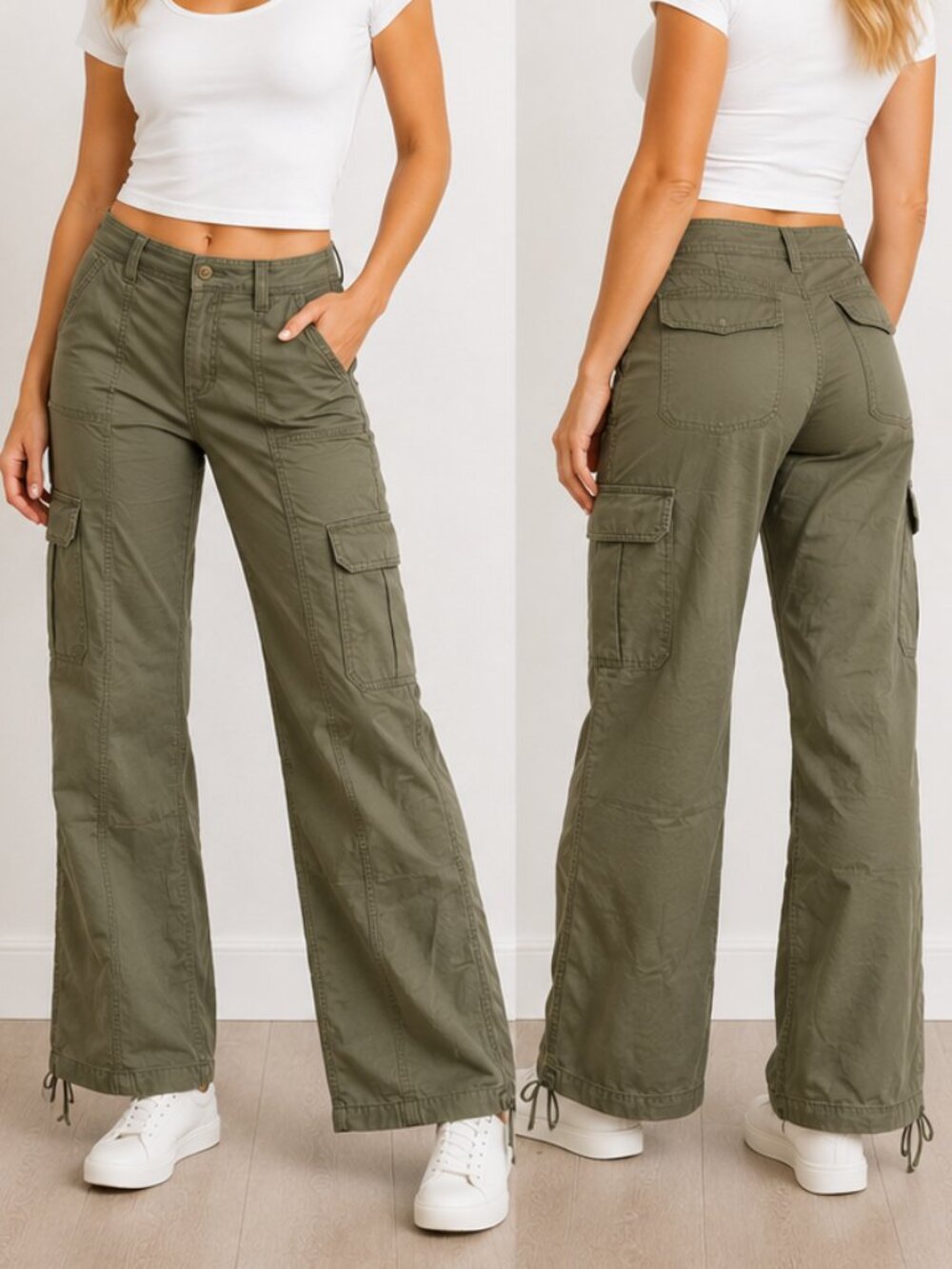 NOBO Y2K Olive Green Cargo Pants Women's Size 9 Wide Leg Utility Flare Drawstrin
